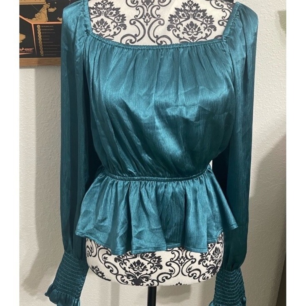 Express Aqua Satin Peplum Top Size Small Flare Cuff